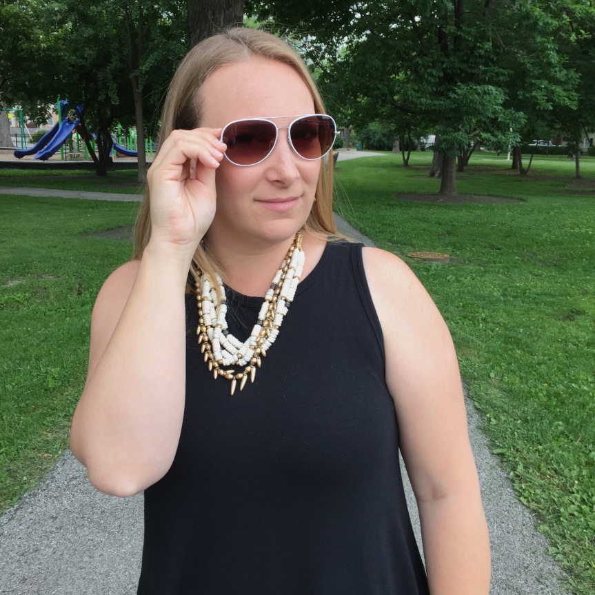 fashion blogger wearing stella dot aviator sunglasses, nomad statement necklace, black old navy swing dress